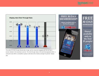 Display Ads Click-Through Rate
0.50%
0.44%
0.40% 0.41%
0.39%
0.30%
0.20%
0.20%
0.10%
0.00%
AVERAGE
The value of a click on geo-fenced ads is huge, as the consumer engaging with the ad has a
proven interest in the business’s service. The click-through rates on the ads that appeared when a
consumer was within a competitor’s grasp is well above the industry average for general display
ads.
8
 