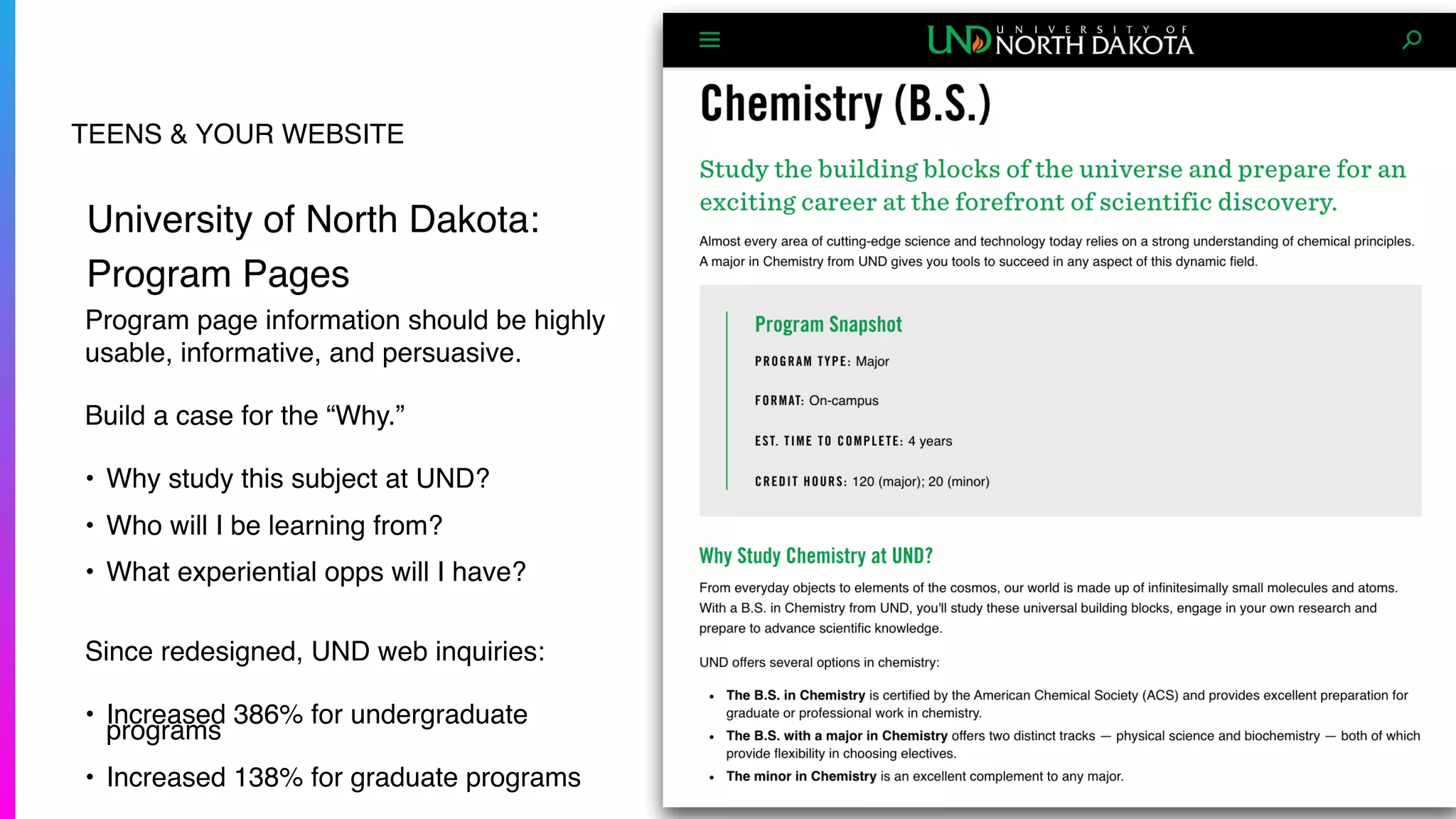 TEENS & YOUR WEBSITE
University of North Dakota:
Program Pages
Program page information should be highly
usable, informative, and persuasive.
Build a case for the “Why.”
• Why study this subject at UND?
• Who will I be learning from?
• What experiential opps will I have?
 
Since redesigned, UND web inquiries:
• Increased 386% for undergraduate
programs
• Increased 138% for graduate programs
 