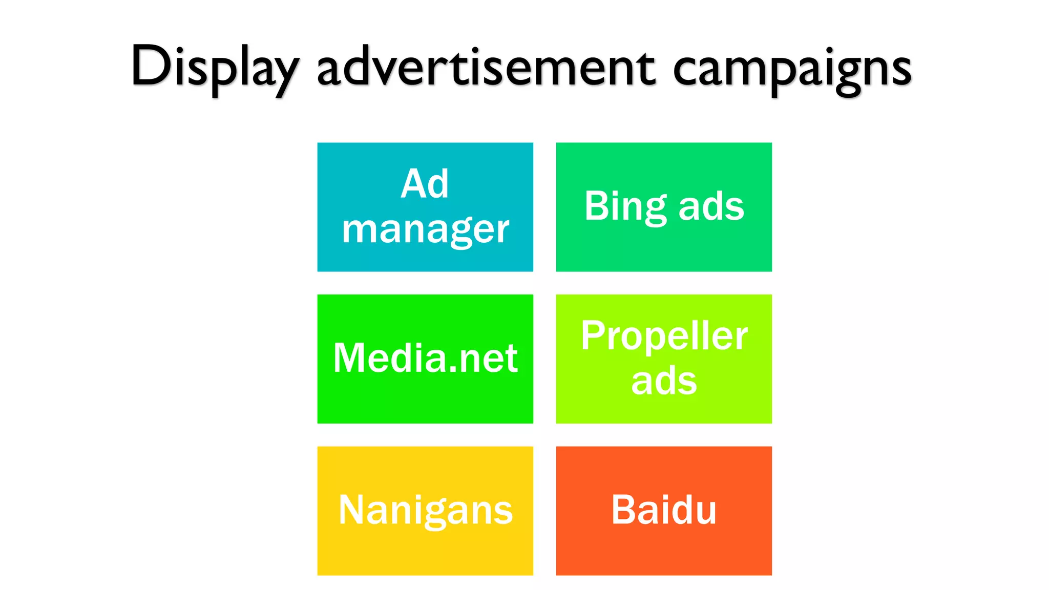 Display advertisement campaigns
Ad
manager
Bing ads
Media.net
Propeller
ads
Nanigans Baidu
 