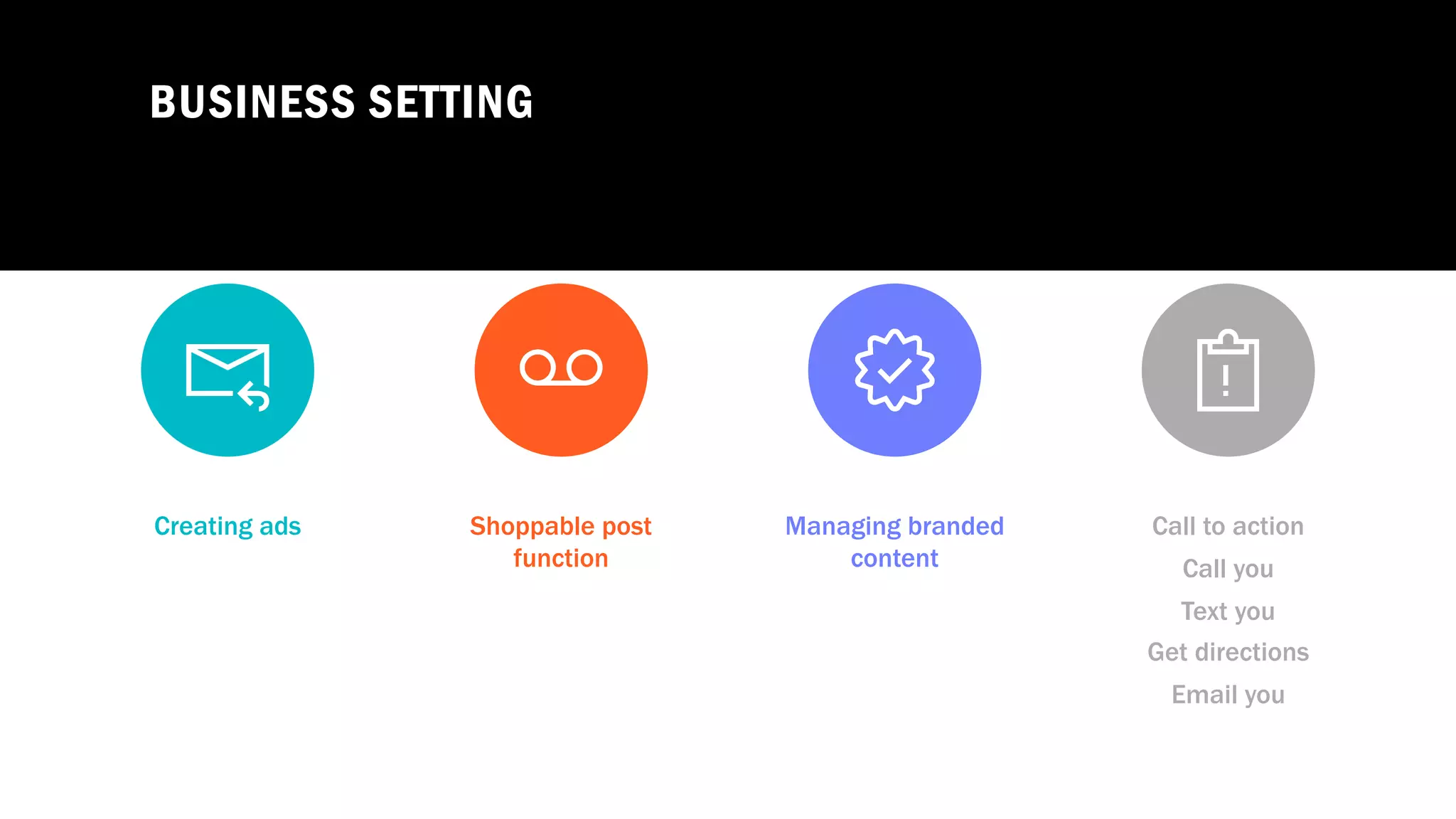BUSINESS SETTING
Creating ads Shoppable post
function
Managing branded
content
Call to action
Call you
Text you
Get directions
Email you
 