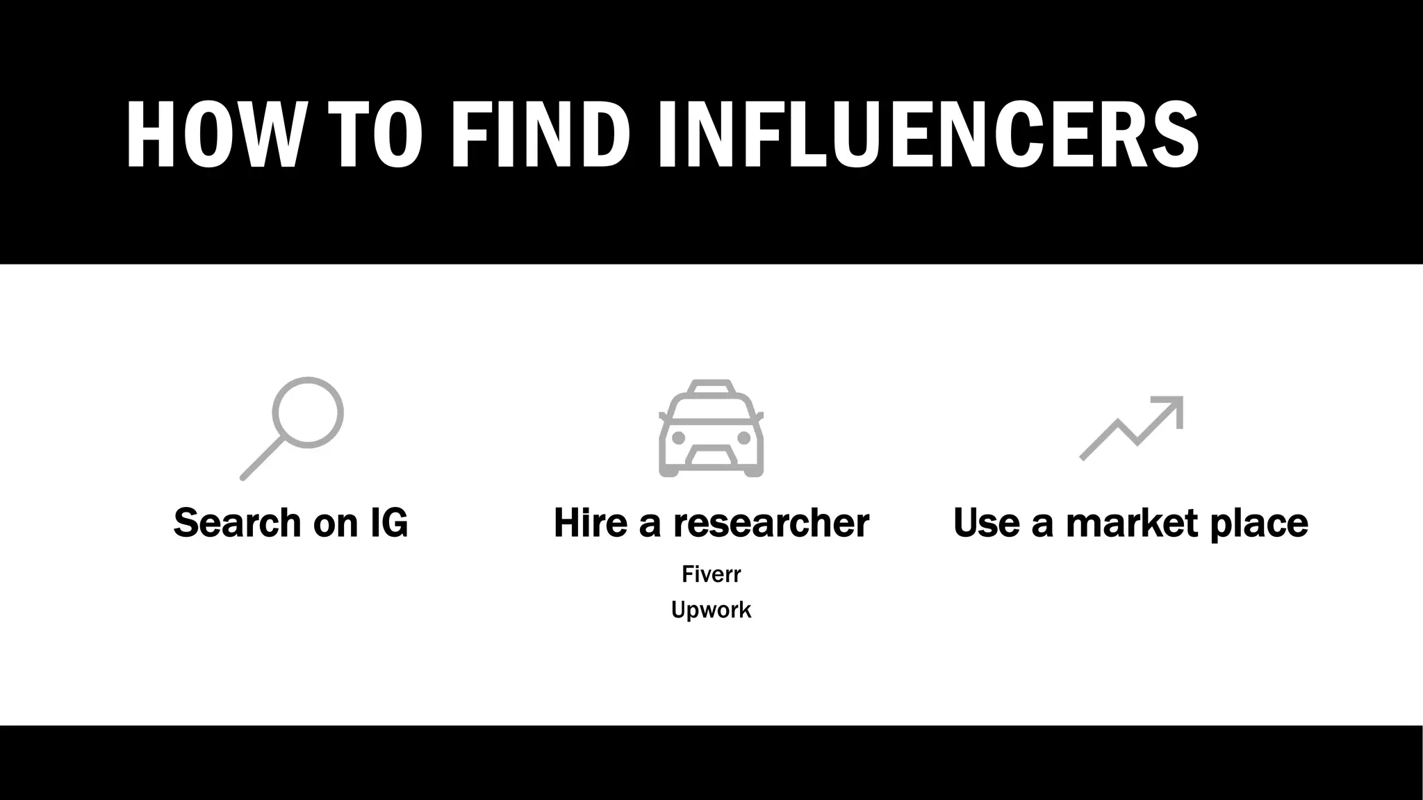 HOW TO FIND INFLUENCERS
Search on IG Hire a researcher
Fiverr
Upwork
Use a market place
 