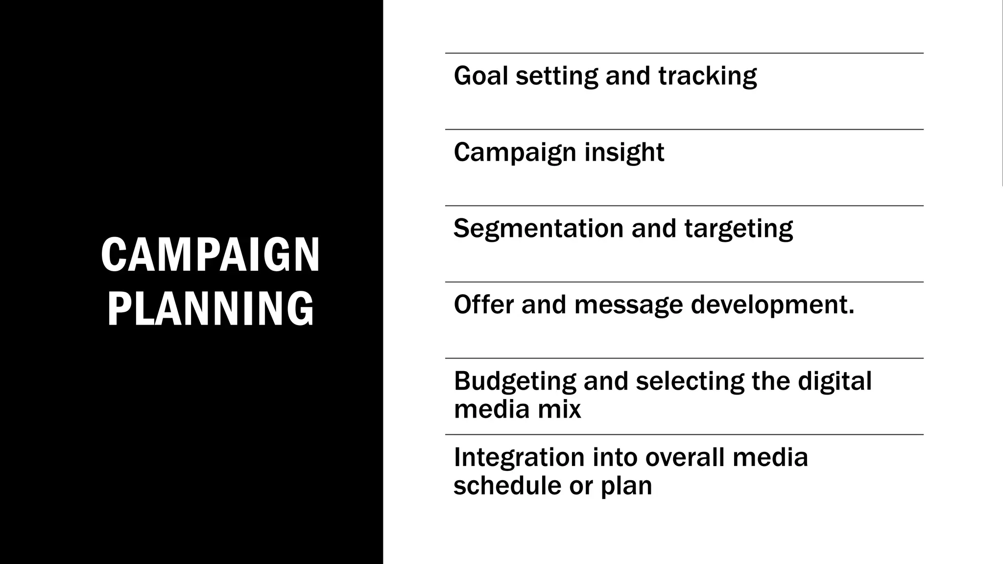 CAMPAIGN
PLANNING
Goal setting and tracking
Campaign insight
Segmentation and targeting
Offer and message development.
Budgeting and selecting the digital
media mix
Integration into overall media
schedule or plan
 