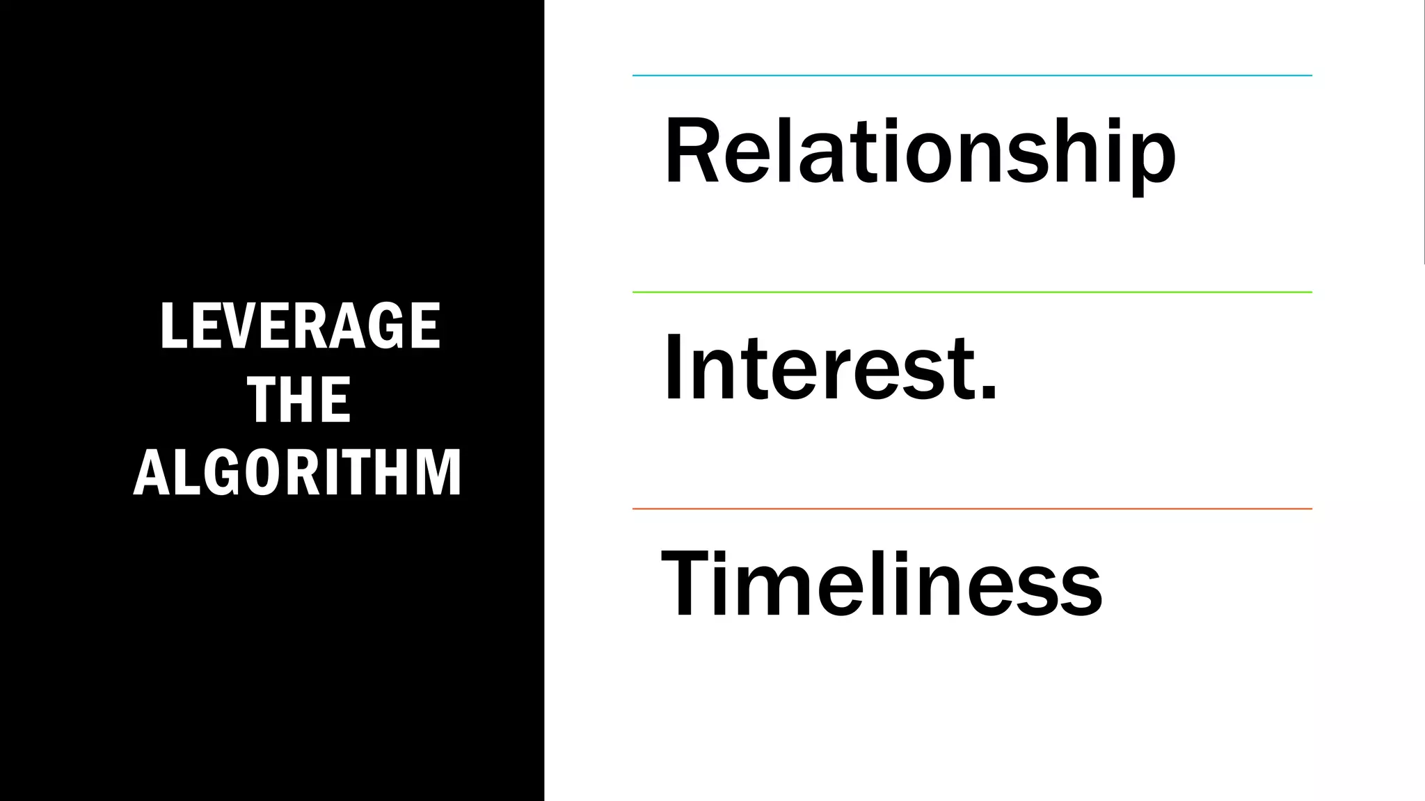LEVERAGE
THE
ALGORITHM
Relationship
Interest.
Timeliness
 