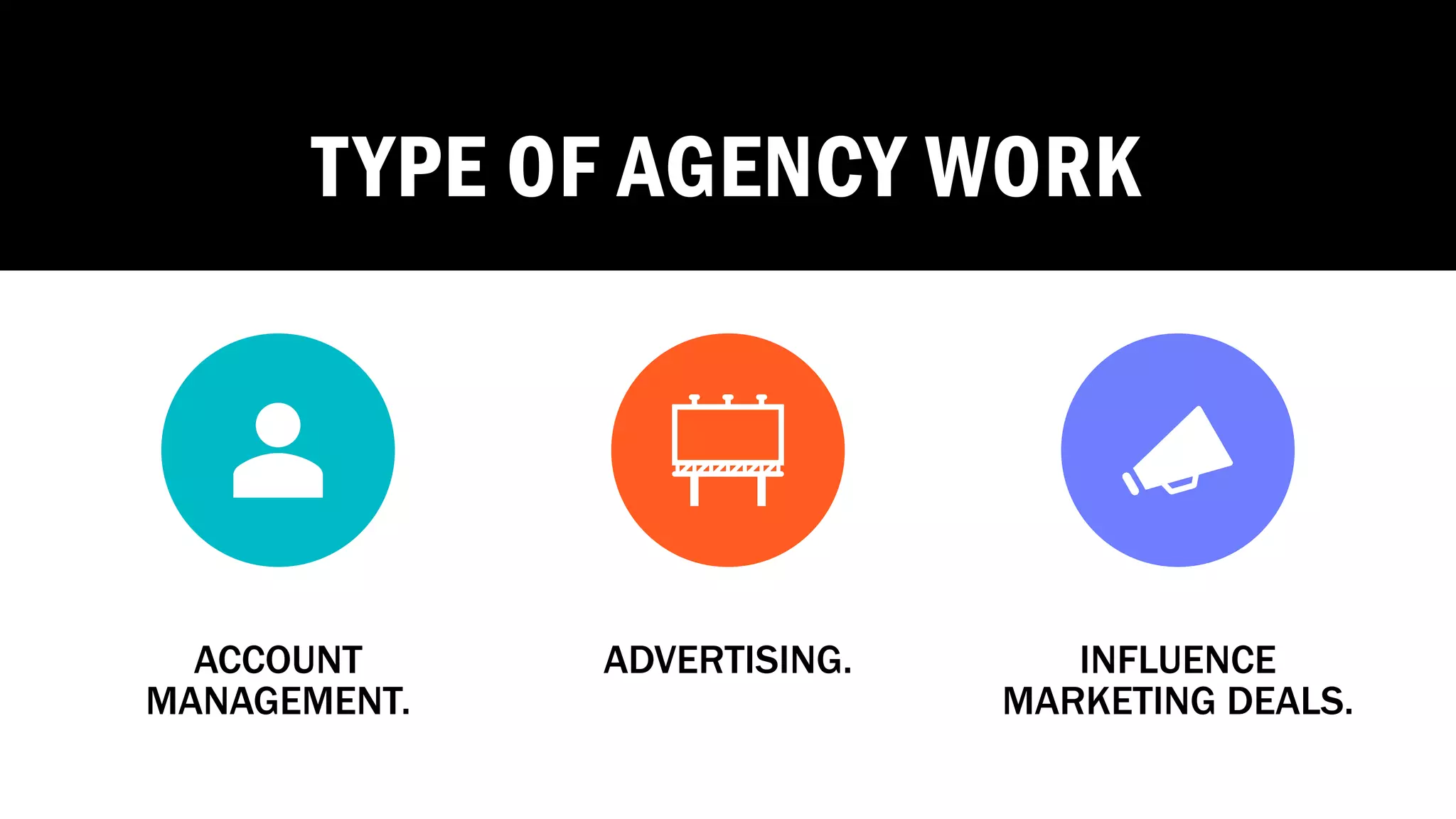 TYPE OF AGENCY WORK
ACCOUNT
MANAGEMENT.
ADVERTISING. INFLUENCE
MARKETING DEALS.
 