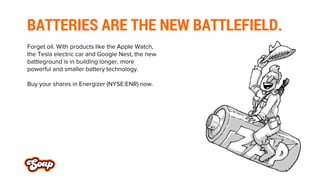BATTERIES ARE THE NEW BATTLEFIELD. 
Forget oil. With products like the Apple Watch, the Tesla electric car and Google Nest...