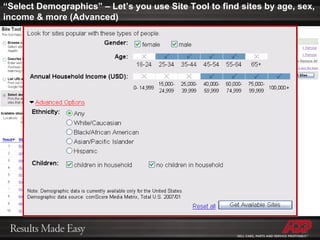 “ Select Demographics” – Let’s you use Site Tool to find sites by age, sex, income & more (Advanced) 
