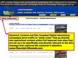 ADP creates Deep-Links connected to Advertised URL’s that point to Inventory Pre-Sorts for model specific campaigns that our Campaign Managers set up Keyword, Content and Site Targeted Digital Advertising Campaigns drive traffic to “Deep Links” that go directly into specialized content within full featured web sites that are set up o be specifically and directly relevant to the Ad’s message that captured the customer’s attention. www.Chevrolet-Silverado.com   