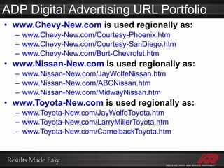 ADP Digital Advertising URL Portfolio www.Chevy-New.com  is used regionally as: www.Chevy-New.com/Courtesy-Phoenix.htm   www.Chevy-New.com/Courtesy-SanDiego.htm   www.Chevy-New.com/Burt-Chevrolet.htm   www.Nissan-New.com  is used regionally as: www.Nissan-New.com/JayWolfeNissan.htm   www.Nissan-New.com/ABCNissan.htm   www.Nissan-New.com/MidwayNissan.htm   www.Toyota-New.com  is used regionally as: www.Toyota-New.com/JayWolfeToyota.htm   www.Toyota-New.com/LarryMillerToyota.htm   www.Toyota-New.com/CamelbackToyota.htm   