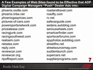 A Few Examples of Web Sites found to be Effective that ADP Digital Campaign Managers “Push” Dealer Ads into: phoenix.oodle.com phoenix.tribe.net phoenixgasprices.com pictures-of-cars.com powersportsnetwork.com pricealease.com racingjunk.com racingsouthwest.com realoem.com rebates.com reply.com reviewcar.com reviewcar.org ripoffreport.com roadandtravel.com roadfly.com rv.net safecarguide.com sedans.autoblog.com seriouswheels.com smartcarfinder.com sportscarforums.com spyphotos.autoblog.com streetfire.net streetsourcemag.com suddenlaunch.com supercars.net supplierprograms.com 7 
