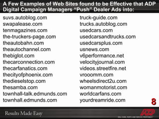 A Few Examples of Web Sites found to be Effective that ADP Digital Campaign Managers “Push” Dealer Ads into: suvs.autoblog.com swapalease.com tenmagazines.com the-truckers-page.com theautobahn.com theautochannel.com thebiglot.com thecarconnection.com thecarfanatics.com thecityofphoenix.com thedieselstop.com thesamba.com townhall-talk.edmunds.com townhall.edmunds.com truck-guide.com trucks.autoblog.com usedcars.com usedcarsandtrucks.com usedcarsplus.com usnews.com v6performance.net velocityjournal.com videos.streetfire.net vrooomm.com wheelsdirect2u.com womanmotorist.com worldcarfans.com yourdreamride.com 8 