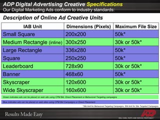 ADP Digital Advertising Creative  Specifications Our Digital Marketing Ads conform to industry standards: Description of Online Ad Creative Units *30k limit for Behavioral Targeting Campaigns, 50k limit for Site Targeted Campaigns Green indicates ads can be placed on web site using CPM Bid, Direct Placement or Behavioral Targeting campaigns Blue indicates ads can be placed on web sites using CPM Bid Campaigns or Direct Placement IAB Unit Dimensions (Pixels) Maximum File Size Small Square 200x200 50k* Medium Rectangle  (inline) 300x250 30k or 50k* Large Rectangle 336x280 50k* Square 250x250 50k* Leaderboard 728x90 30k or 50k* Banner 468x60 50k* Skyscraper 120x600 30k or 50k* Wide Skyscraper 160x600 30k or 50k* 