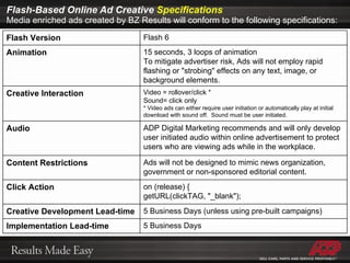 Flash-Based Online Ad Creative  Specifications Media enriched ads created by BZ Results will conform to the following specifications: Flash Version Flash 6 Animation 15 seconds, 3 loops of animation To mitigate advertiser risk, Ads will not employ rapid flashing or "strobing" effects on any text, image, or background elements. Creative Interaction Video = rollover/click *  Sound= click only * Video ads can either require user initiation or automatically play at initial download with sound off.  Sound must be user initiated. Audio ADP Digital Marketing recommends and will only develop user initiated audio within online advertisement to protect users who are viewing ads while in the workplace. Content Restrictions Ads will not be designed to mimic news organization, government or non-sponsored editorial content. Click Action on (release) { getURL(clickTAG, "_blank"); Creative Development Lead-time 5 Business Days (unless using pre-built campaigns) Implementation Lead-time 5 Business Days 