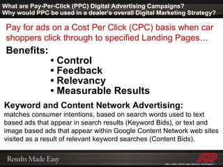 What are Pay-Per-Click (PPC) Digital Advertising Campaigns?  Why would PPC be used in a dealer’s overall Digital Marketing Strategy? Pay for ads on a Cost Per Click (CPC) basis when car shoppers click through to specified Landing Pages… Benefits: •  Control •  Feedback •  Relevancy •  Measurable Results Keyword and Content Network Advertising:   matches consumer intentions, based on search words used to text based ads that appear in search results (Keyword Bids), or text and image based ads that appear within Google Content Network web sites visited as a result of relevant keyword searches (Content Bids). 