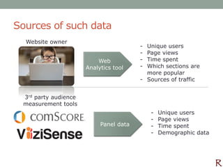 Sources of such data
  Website owner
                                        - Unique users
                                        - Page views
                          Web           - Time spent
                      Analytics tool    - Which sections are
                                          more popular
                                        - Sources of traffic


 3rd party audience
 measurement tools
                                            -   Unique users
                                            -   Page views
                           Panel data       -   Time spent
                                            -   Demographic data
 