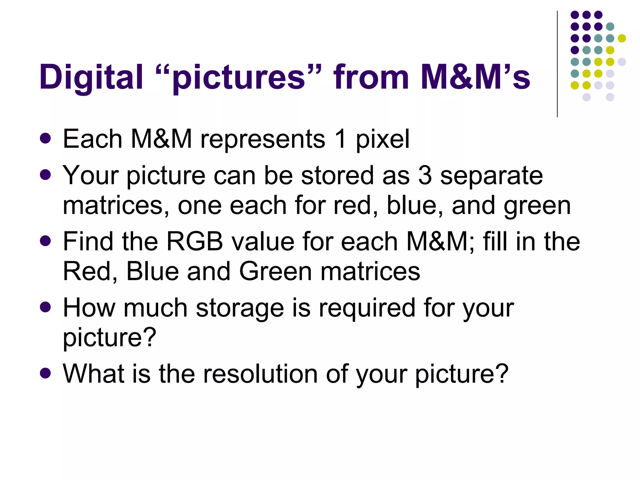 Digital “pictures” from M&M’s Each M&M represents 1 pixel Your picture can be stored as 3 separate matrices, one each for red, blue, and green Find the RGB value for each M&M; fill in the Red, Blue and Green matrices How much storage is required for your picture? What is the resolution of your picture? 