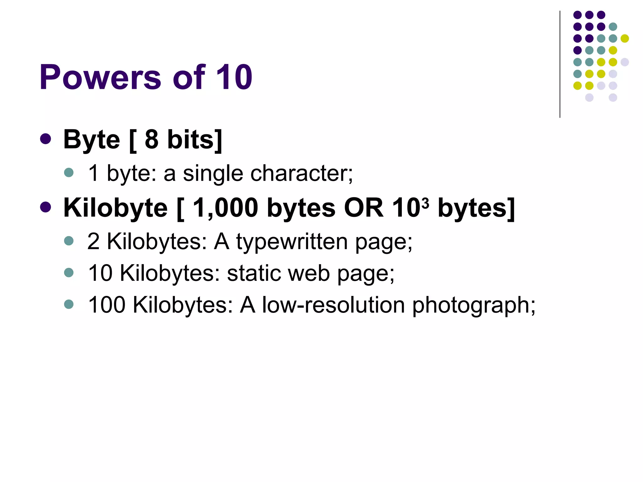 Powers of 10 Byte [ 8 bits]   1 byte: a single character;  Kilobyte [ 1,000 bytes OR 10 3  bytes]   2 Kilobytes: A typewritten page;  10 Kilobytes: static web page;  100 Kilobytes: A low-resolution photograph;  
