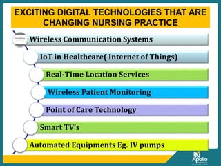 INTRODUCTION
Wireless Communication Systems
IoT in Healthcare( Internet of Things)
Real-Time Location Services
Wireless Patient Monitoring
Point of Care Technology
Smart TV’s
Automated Equipments Eg. IV pumps
EXCITING DIGITAL TECHNOLOGIES THAT ARE
CHANGING NURSING PRACTICE
 