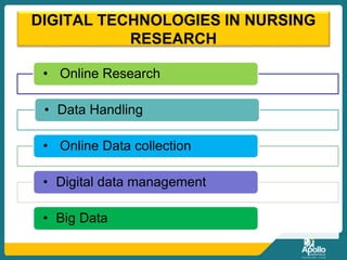 DIGITAL TECHNOLOGIES IN NURSING
RESEARCH
• Online Research
• Data Handling
• Online Data collection
• Digital data management
• Big Data
 