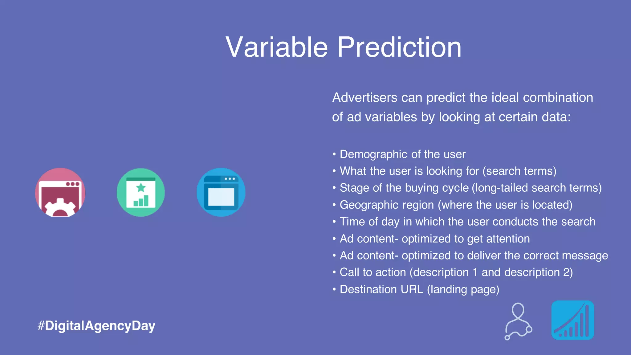 Variable Prediction
Advertisers can predict the ideal combination
of ad variables by looking at certain data:
• Demographic of the user
• What the user is looking for (search terms)
• Stage of the buying cycle (long-tailed search terms)
• Geographic region (where the user is located)
• Time of day in which the user conducts the search
• Ad content- optimized to get attention
• Ad content- optimized to deliver the correct message
• Call to action (description 1 and description 2)
• Destination URL (landing page)
#DigitalAgencyDay
 