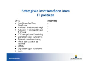 Strategiska insatsområden inom
                                 IT politiken
           2010                               2015/2020
           • Handlingsplan för e-             • ?
             förvaltning
                                              •
           • Nationell Bredbandsstrategi
                                              •
           • Nationell IT-strategi för vård
             & omsorg                         •
           • IT för en grönare förvaltning
           • Digitalisering av kulturarvet
           • Tjänsteinnovationsstrategi
           • Frihet och säkerhet på
             Internet
           • ICT4D
           • Digitalisering av kulturarvet
           • m.m.


Näringsdepartementet
 