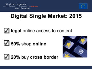 Digital Single Market: 2015

legal online access to content

50% shop online

20% buy cross border
 