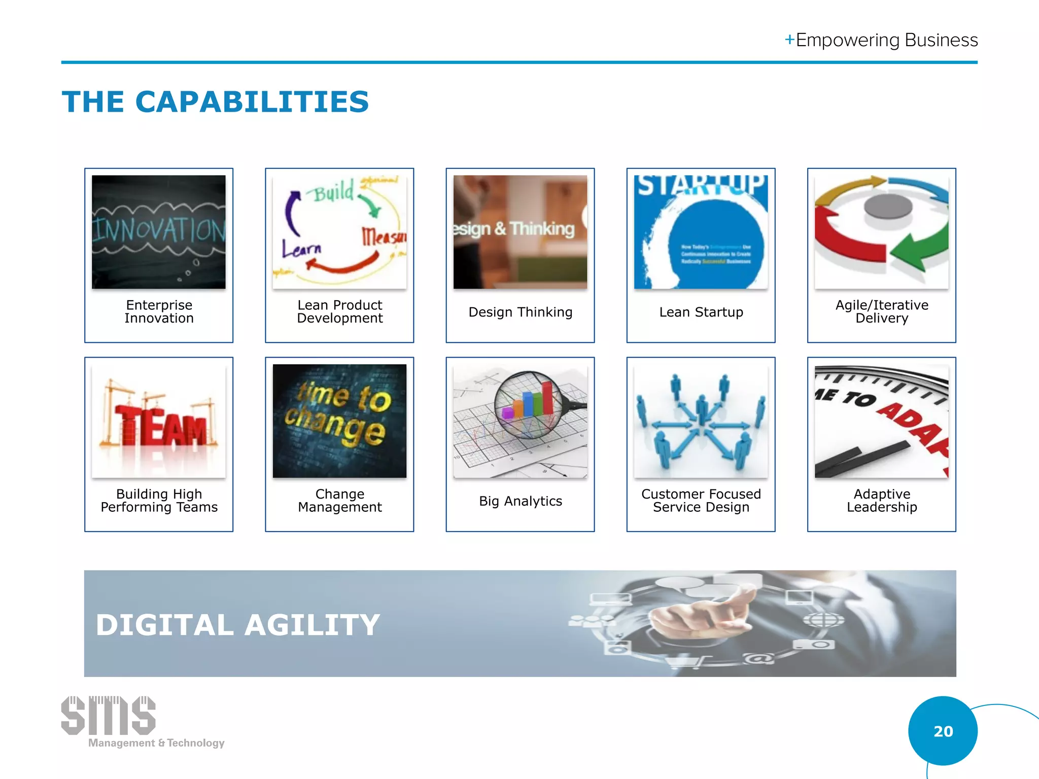 20
DIGITAL AGILITY
Enterprise
Innovation
Lean Product
Development Design Thinking Lean Startup
Agile/Iterative
Delivery
Building High
Performing Teams
Change
Management Big Analytics
Customer Focused
Service Design
Adaptive
Leadership
THE CAPABILITIES
 