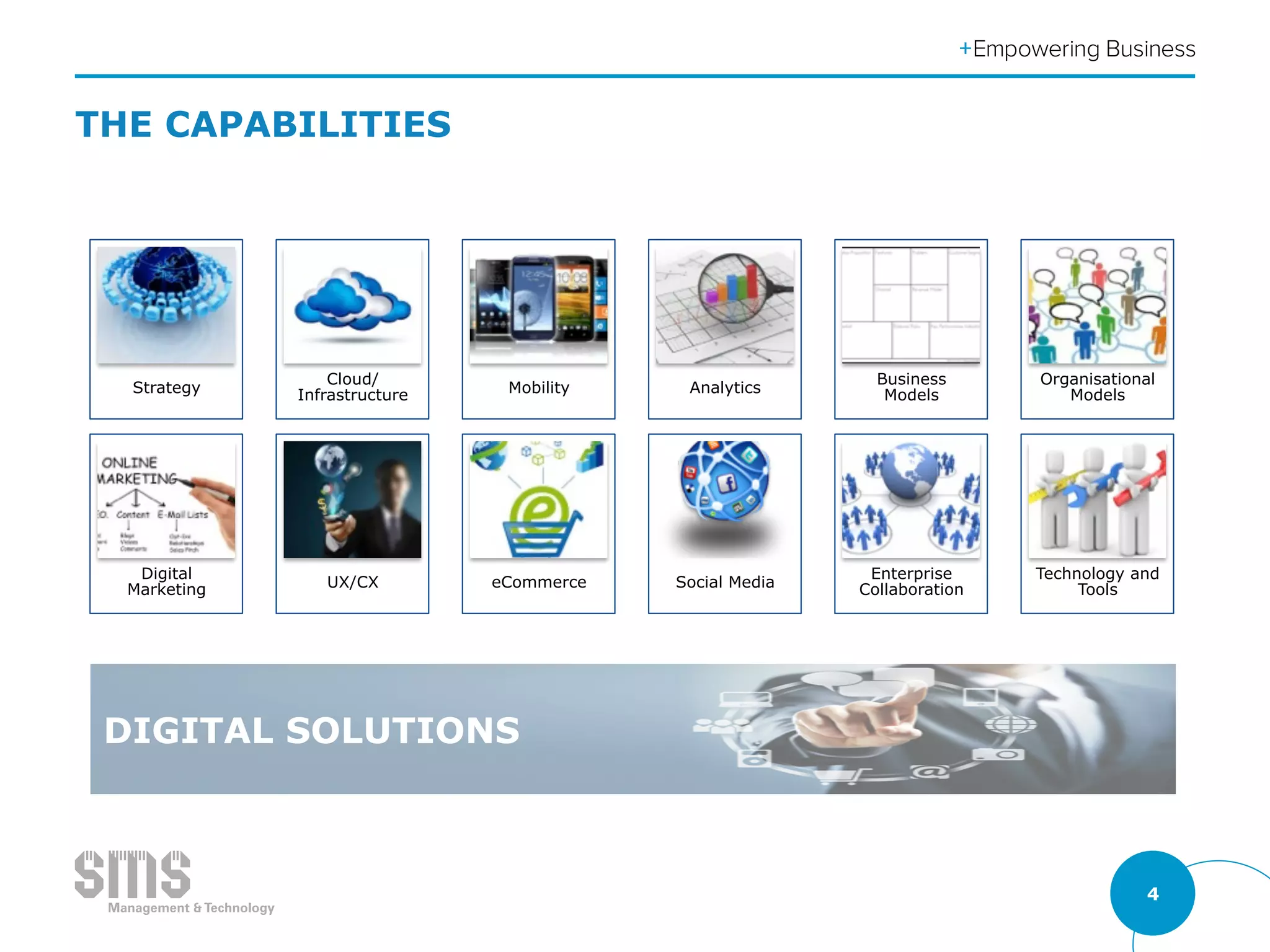4
Strategy
Cloud/
Infrastructure Mobility Analytics
Business
Models
Organisational
Models
Digital
Marketing UX/CX eCommerce Social Media
Enterprise
Collaboration
Technology and
Tools
DIGITAL SOLUTIONS
THE CAPABILITIES
 