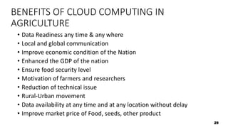 BENEFITS OF CLOUD COMPUTING IN
AGRICULTURE
• Data Readiness any time & any where
• Local and global communication
• Improve economic condition of the Nation
• Enhanced the GDP of the nation
• Ensure food security level
• Motivation of farmers and researchers
• Reduction of technical issue
• Rural-Urban movement
• Data availability at any time and at any location without delay
• Improve market price of Food, seeds, other product
29
 