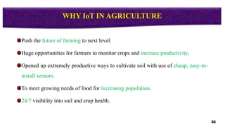 Push the future of farming to next level.
Huge opportunities for farmers to monitor crops and increase productivity.
Opened up extremely productive ways to cultivate soil with use of cheap, easy-to-
install sensors.
To meet growing needs of food for increasing population.
24/7 visibility into soil and crop health.
32
 