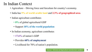 In Indian Context
• Agriculture – Driving force and furculum for country’s economy.
• India has 9% of world arable land and 2.3% of geographical area.
• Indian agriculture contributes
• 8% of global agricultural GDP
• Support 18% of the world population
• In Indian economy, agriculture contributes
• 17.6% of nation’s GDP
• Provides 60% of employment
• Livelihood for 70% of nation’s population.
Source : Ministry of Agriculture and farmers welfare 6
 
