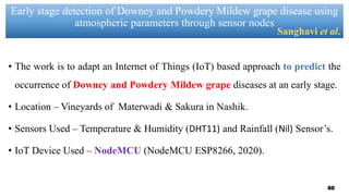 Early stage detection of Downey and Powdery Mildew grape disease using
atmospheric parameters through sensor nodes
• The work is to adapt an Internet of Things (IoT) based approach to predict the
occurrence of Downey and Powdery Mildew grape diseases at an early stage.
• Location – Vineyards of Materwadi & Sakura in Nashik.
• Sensors Used – Temperature & Humidity (DHT11) and Rainfall (Nil) Sensor’s.
• IoT Device Used – NodeMCU (NodeMCU ESP8266, 2020).
Sanghavi et al.
60
 