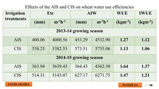 Effects of the AIS and CIS on wheat water use efficiencies
Irrigation
treatments
Etc AIW WUE IWUE
(mm) m-3h-1 (mm) m-3h-1 (kgm-3) (kgm-3)
2013-14 growing season
AIS 400.06 4000.56 453.29 4532.90 1.27 1.12
CIS 538.25 5382.53 573.51 5735.06 1.13 1.06
2014-15 growing season
AIS 363.94 3639.43 364.43 4362.30 1.64 1.37
CIS 514.31 5143.07 627.17 6271.75 1.47 1.21
75
WATER SA
SAUDI ARABIA 75
 