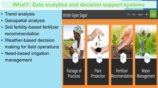 • Trend analysis
• Geospatial analysis
• Soil fertility-based fertilizer
recommendation
• Weather-based decision
making fo...