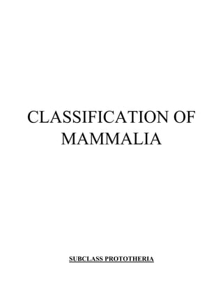 CLASSIFICATION OF
MAMMALIA
SUBCLASS PROTOTHERIA
 