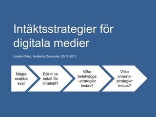 Intäktsstrategier för
digitala medier
Jonatan Fried, Intellecta Corporate, 26/11-2012




                                                     Vilka         Vilka
  Några                Bör ni ta
                                                  betalväggs     annons-
 snabba               betalt för
                                                  -strategier   strategier
   svar               innehåll?
                                                    testas?      testas?
 