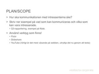 > Hur ska kommunikationen med intressenterna ske?
> Skriv ner exempel på vad som kan kommuniceras och vilka som
kan vara intresserade.
• Q3-rapportering, exempel på flöde.
> Använd verktyg som finns!
• Flickr
• Slideshare
• YouTube (rörligt är det mest växande på webben, utnyttja det nu genom att testa)
PLAN/SCOPE
 