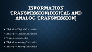 INFORMATION 
TRANSMISSION(DIGITAL AND 
ANALOG TRANSMISSION) 
 Digital-to-Digital Conversion 
 Analog-to-Digital Conversion 
 Transmission Modes 
 Digital-to-Analog Conversion 
 Analog-to-Analog Conversion 
 
