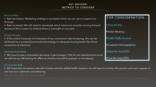 K E Y D R I V E R S /
M E T R I C S T O C O N S I D E R
Bounce Rate
• Rate decreases: Marketing strategy is successful which we can use to support our
ﬁndings.
• Rate increases: We will need to reevaluate which metrics to consider moving forward
seeing as this is reason to believe there is oversight on our part.
Unique Buyers
• If this metric increases it is indicative of our conversion rate increasing, this can be
attributed to a successful promotional strategy or adequate buying levels that drives
consumers to checkout.
Abandonment Rate
• We hope to see a noticeable decrease in percentage (~5%) of cart abandonment once
we roll out our A|B testing for offers at checkout as well as popups on homepage.
Conversion Rate
• We hope that conversion rate will increase with the added trafﬁc however we will have to monitor this portion with each quarter to
see how our customers are behaving.
F O R C O N S I D E R A T I O N …
•Time On Site
•Visitor Recency
•Trafﬁc/Trafﬁc Sources
•Customer Demographics
•Value Per Visit (VPV)
•Cost Per Visit (CPV)
 