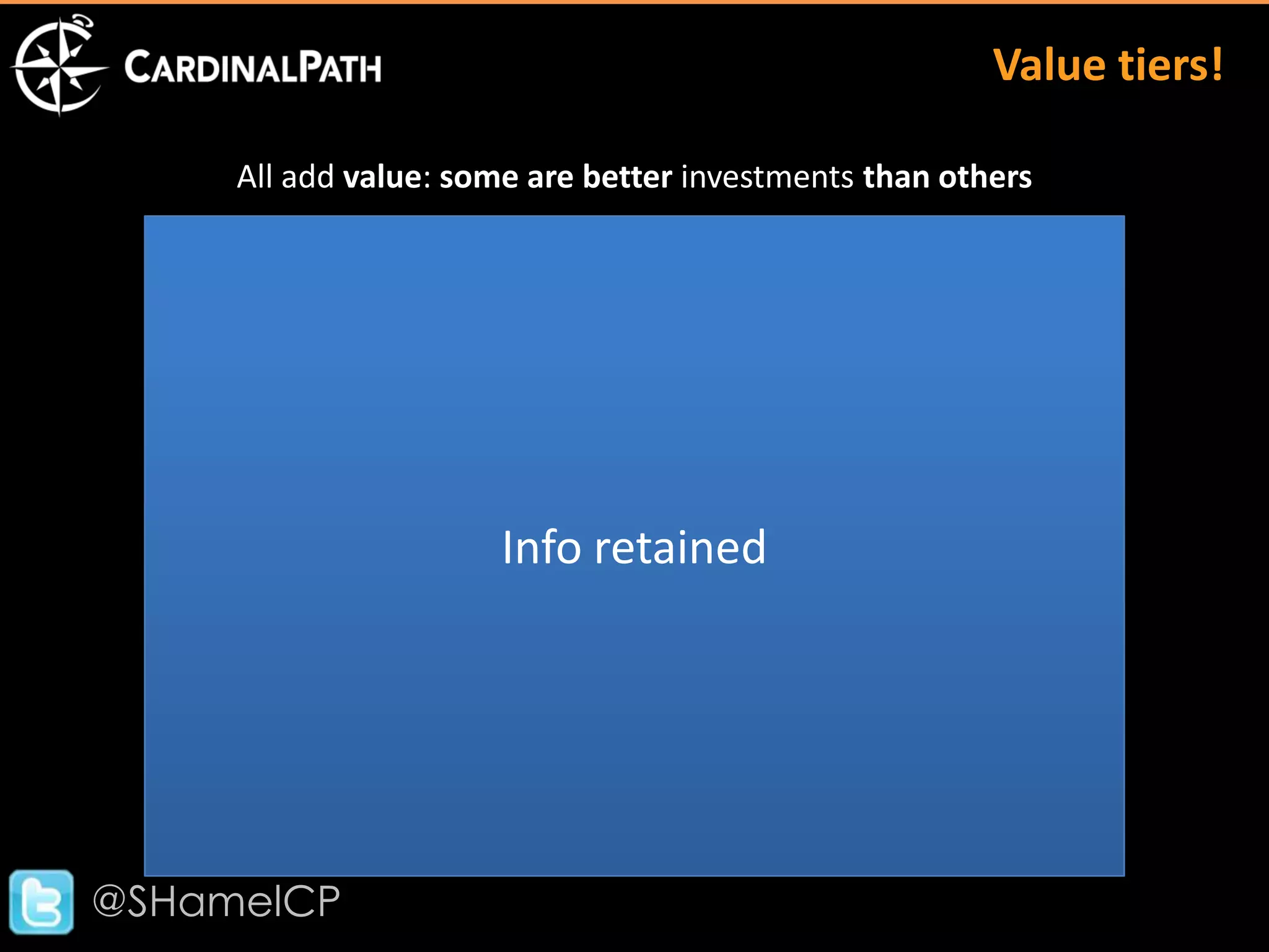 Value tiers!

                          All add value: some are better investments than others

              60% of
             revenue                                   10%                  7%
                                 20%                                        10%
                                                                                      29% of
                                                                                    customers
                                                       16%
                                                                            12%
   Value Tier Quintiles




                                 20%
                                                       19%                  16%

                                 20%
                                                       22%
                                             Info retained                            71% of
                                                                                    customers
                                 20%                                        55%

                 40% of
                                                       33%
                revenue          20%


                             Total Revenue   Student Allocation of Student Allocation of
                           Total Revenue     Customer Allocation ofCustomer Allocation of
                                                 Potential Value
                                                Potential Value
                                                                        Actual Value
                                                                        Actual Value

@SHamelCP
 