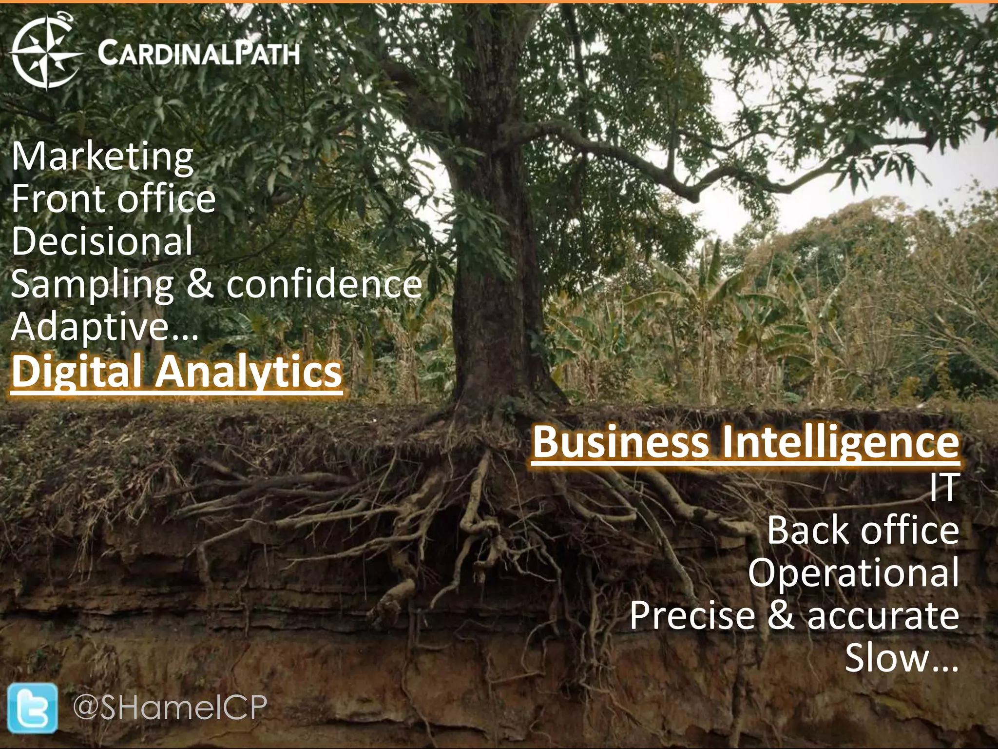 Marketing
Front office
Decisional
Sampling & confidence
Adaptive…
Digital Analytics
                        Business Intelligence
                                             IT
                                    Back office
                                   Operational
                            Precise & accurate
                                        Slow…
   @SHamelCP
 