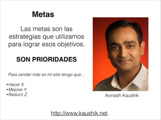 Metas
Las metas son las
estrategias que utilizamos
para lograr esos objetivos.
!

SON PRIORIDADES
Para vender más en mi sitio tengo que…
!
• Hacer

X
• Mejorar Y
• Reducir Z

Avinash Kaushik

http://www.kaushik.net

 