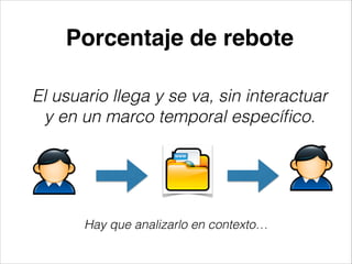 Porcentaje de rebote
El usuario llega y se va, sin interactuar
y en un marco temporal especíﬁco.

Hay que analizarlo en contexto…

 