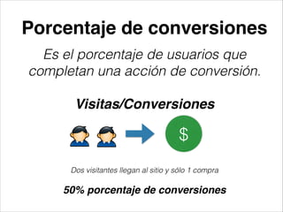 Porcentaje de conversiones
Es el porcentaje de usuarios que
completan una acción de conversión.
!

Visitas/Conversiones

$
Dos visitantes llegan al sitio y sólo 1 compra
!

50% porcentaje de conversiones

 