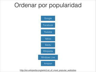 Ordenar por popularidad
Google
Facebook
Youtube
Yahoo
Baidu
Wikipedia
Windows Live
Amazon
http://en.wikipedia.org/wiki/List_of_most_popular_websites

 