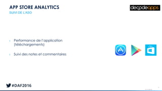 © AT Internet
APP STORE ANALYTICS
41
SUIVI DE L’ASO
› Performance de l’application
(téléchargements)
› Suivi des notes et commentaires
 