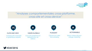 © AT Internet
CLICK AND VIEW VISION GLOBALE
Analyses pré-construites
et graphiques adaptés
Vue multi-plateforme et
déduplication de
visiteurs
Calculs à la volée
Sans sampling
ACTIONNABLE
Extract visiteurs ID pour
ciblage marketing
PUISSANT
“Analyses comportementales cross-platforme,
cross-site et cross-device”
 