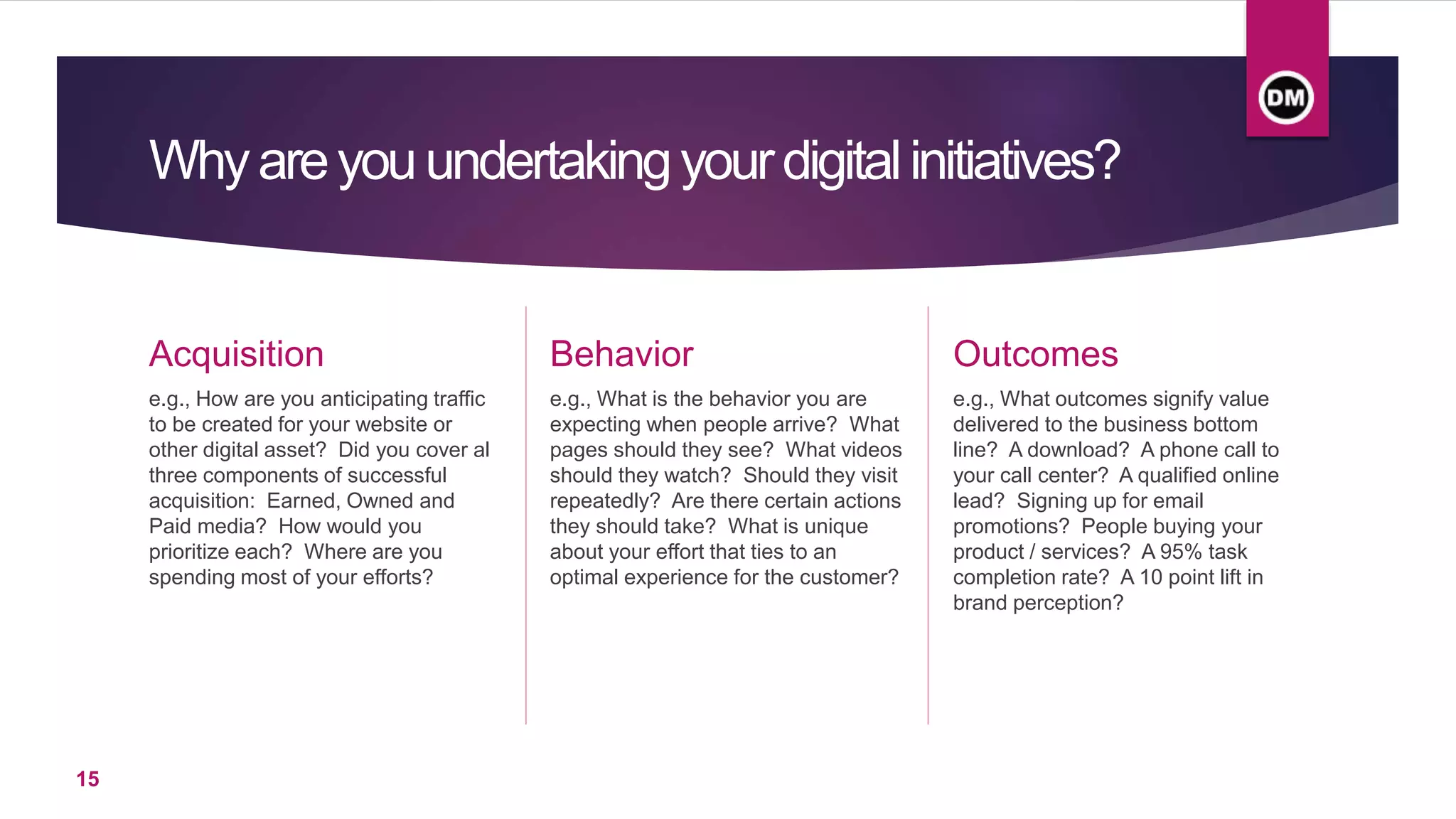 Whyareyouundertakingyourdigitalinitiatives?
Acquisition
e.g., How are you anticipating traffic
to be created for your website or
other digital asset? Did you cover al
three components of successful
acquisition: Earned, Owned and
Paid media? How would you
prioritize each? Where are you
spending most of your efforts?
Behavior
e.g., What is the behavior you are
expecting when people arrive? What
pages should they see? What videos
should they watch? Should they visit
repeatedly? Are there certain actions
they should take? What is unique
about your effort that ties to an
optimal experience for the customer?
Outcomes
e.g., What outcomes signify value
delivered to the business bottom
line? A download? A phone call to
your call center? A qualified online
lead? Signing up for email
promotions? People buying your
product / services? A 95% task
completion rate? A 10 point lift in
brand perception?
15
 