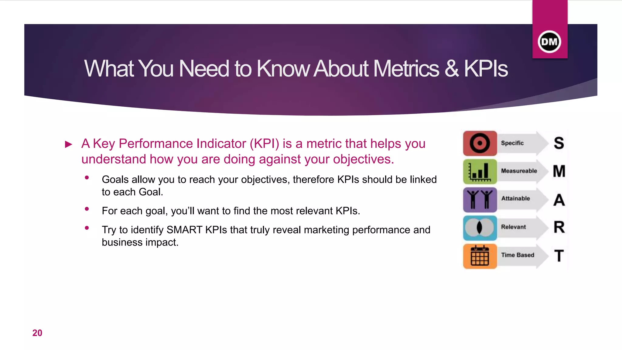 What You Need to KnowAbout Metrics & KPIs
► A Key Performance Indicator (KPI) is a metric that helps you
understand how you are doing against your objectives.
• Goals allow you to reach your objectives, therefore KPIs should be linked
to each Goal.
• For each goal, you’ll want to find the most relevant KPIs.
• Try to identify SMART KPIs that truly reveal marketing performance and
business impact.
20
 