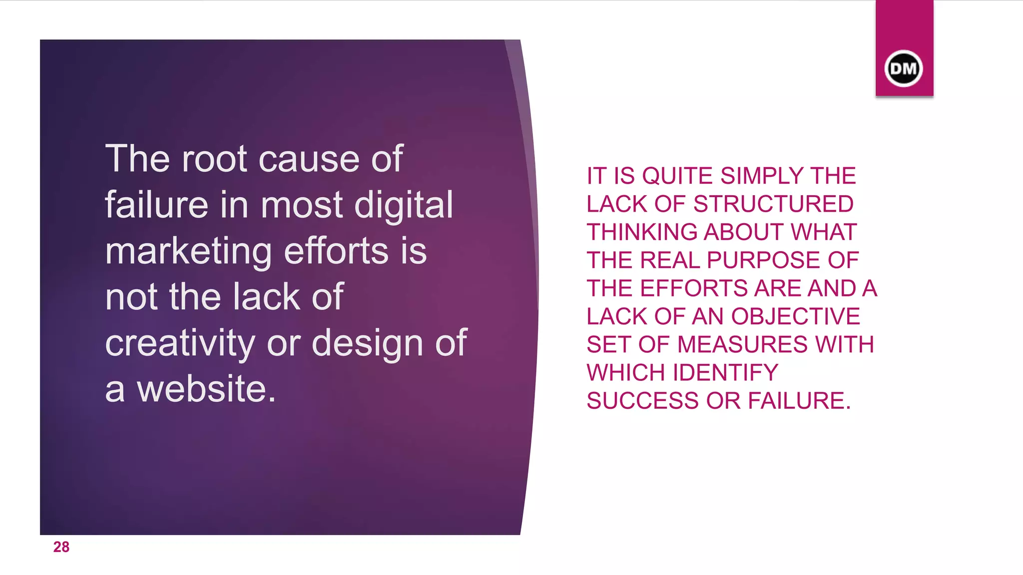 The root cause of
failure in most digital
marketing efforts is
not the lack of
creativity or design of
a website.
IT IS QUITE SIMPLY THE
LACK OF STRUCTURED
THINKING ABOUT WHAT
THE REAL PURPOSE OF
THE EFFORTS ARE AND A
LACK OF AN OBJECTIVE
SET OF MEASURES WITH
WHICH IDENTIFY
SUCCESS OR FAILURE.
28
 
