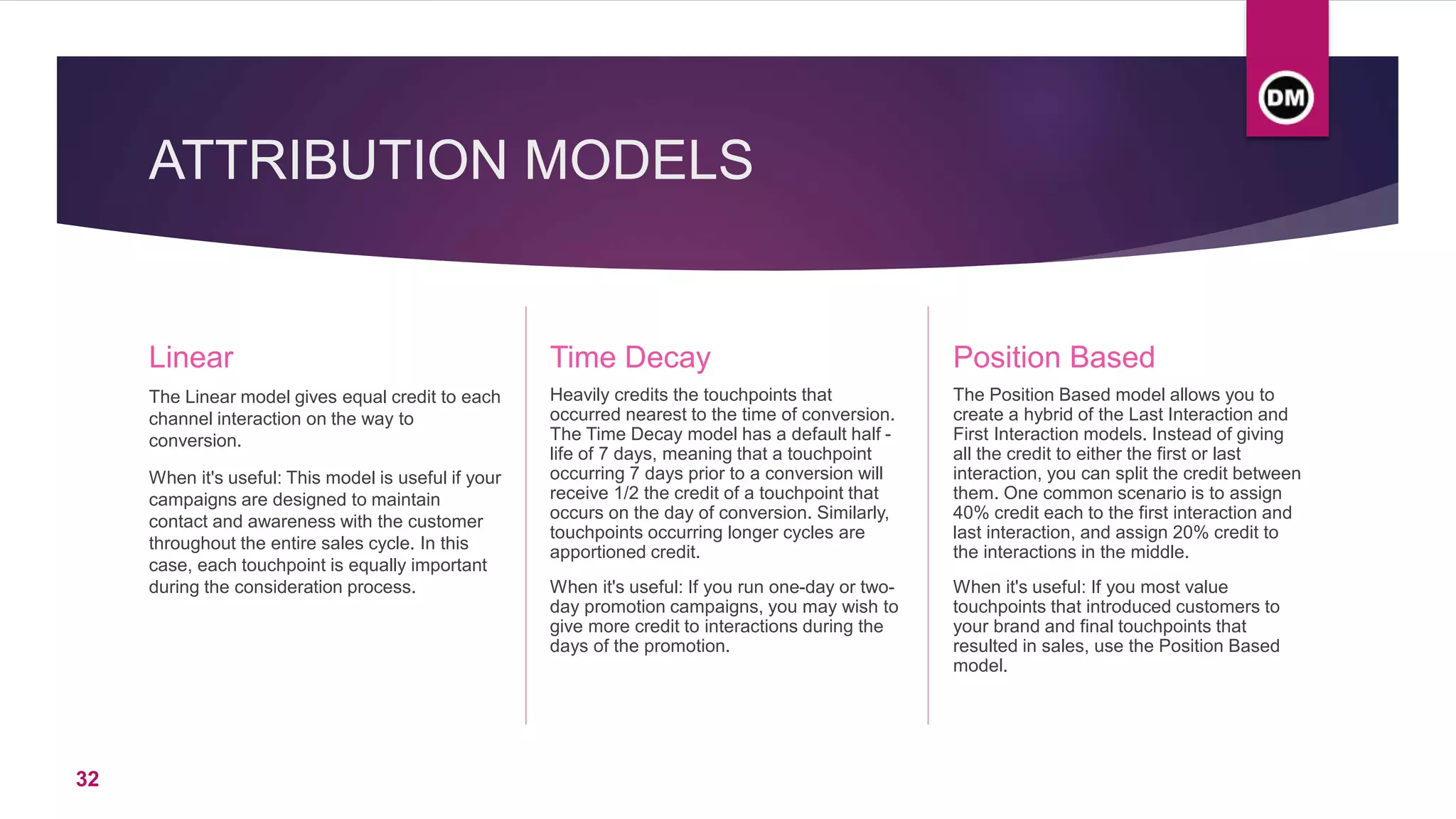 ATTRIBUTION MODELS
Linear
The Linear model gives equal credit to each
channel interaction on the way to
conversion.
When it's useful: This model is useful if your
campaigns are designed to maintain
contact and awareness with the customer
throughout the entire sales cycle. In this
case, each touchpoint is equally important
during the consideration process.
Time Decay
Heavily credits the touchpoints that
occurred nearest to the time of conversion.
The Time Decay model has a default half -
life of 7 days, meaning that a touchpoint
occurring 7 days prior to a conversion will
receive 1/2 the credit of a touchpoint that
occurs on the day of conversion. Similarly,
touchpoints occurring longer cycles are
apportioned credit.
When it's useful: If you run one-day or two-
day promotion campaigns, you may wish to
give more credit to interactions during the
days of the promotion.
The Position Based model allows you to
create a hybrid of the Last Interaction and
First Interaction models. Instead of giving
all the credit to either the first or last
interaction, you can split the credit between
them. One common scenario is to assign
40% credit each to the first interaction and
last interaction, and assign 20% credit to
the interactions in the middle.
When it's useful: If you most value
touchpoints that introduced customers to
your brand and final touchpoints that
resulted in sales, use the Position Based
model.
Position Based
32
 